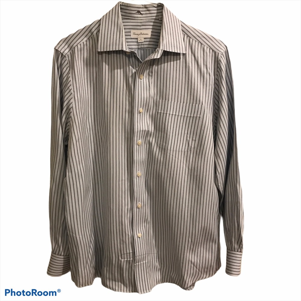 Tommy Bahama Button Down Shirt 16 34-35 Grey White Striped Excellent Long Sleeve